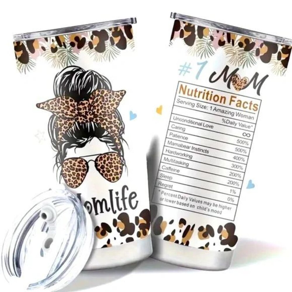 NIB  MOM LIFE LEOPARD 20oz STAINLESS STEEL TUMBLER - HOT AND COLD BEVERAGE - Picture 2 of 3